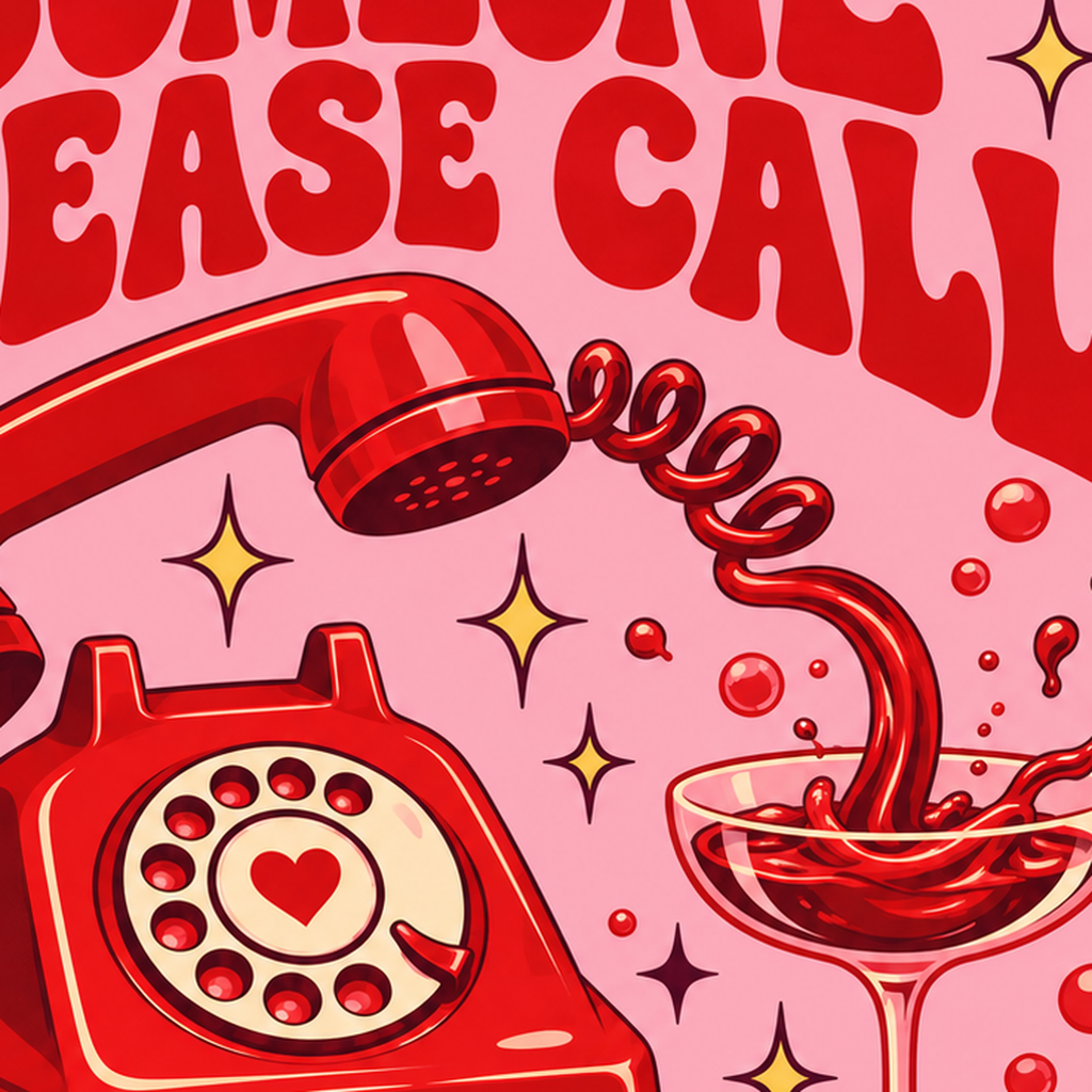 Retro Telefon ve Şarap Kadehi Poster – Eğlenceli Çizgi Roman Tasarım — baskının yakın çekimi, kâğıt dokusu ve renk detayı