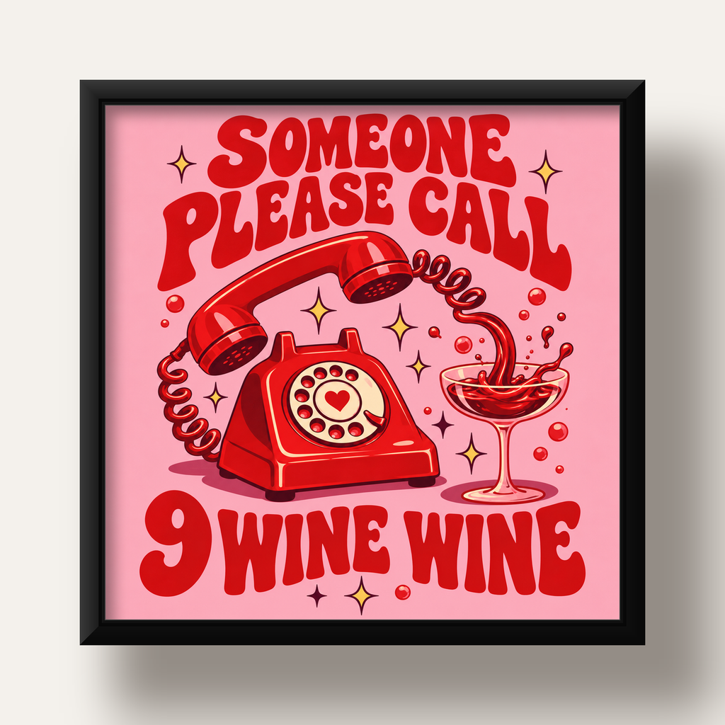 Retro Telefon ve Şarap Kadehi Poster – Eğlenceli Çizgi Roman Tasarım — siyah derin çerçeveli