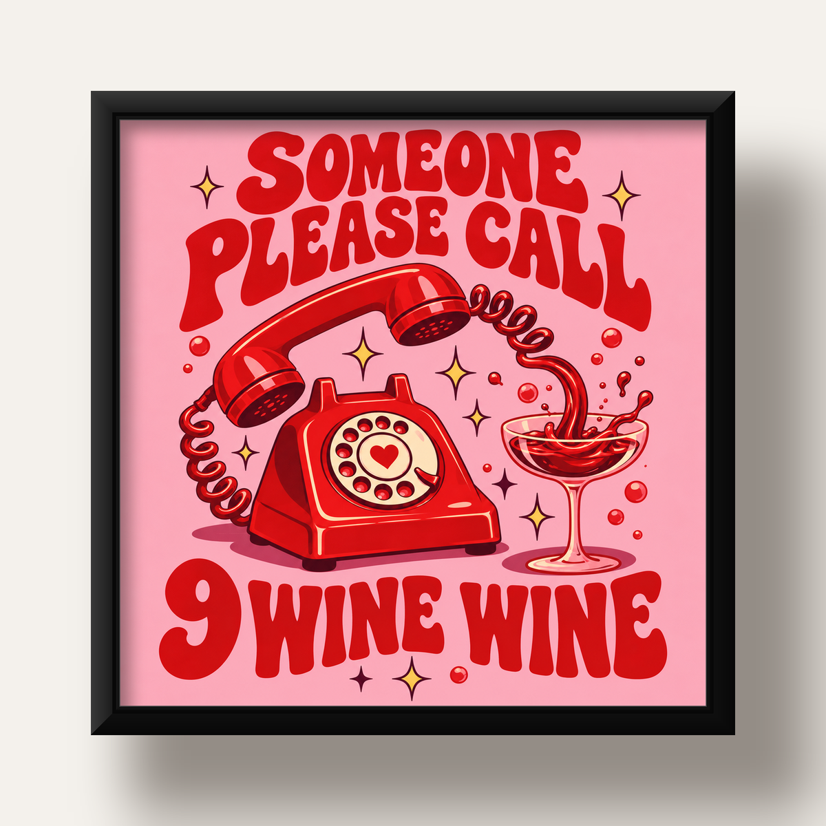 Retro Telefon ve Şarap Kadehi Poster – Eğlenceli Çizgi Roman Tasarım — siyah derin çerçeveli