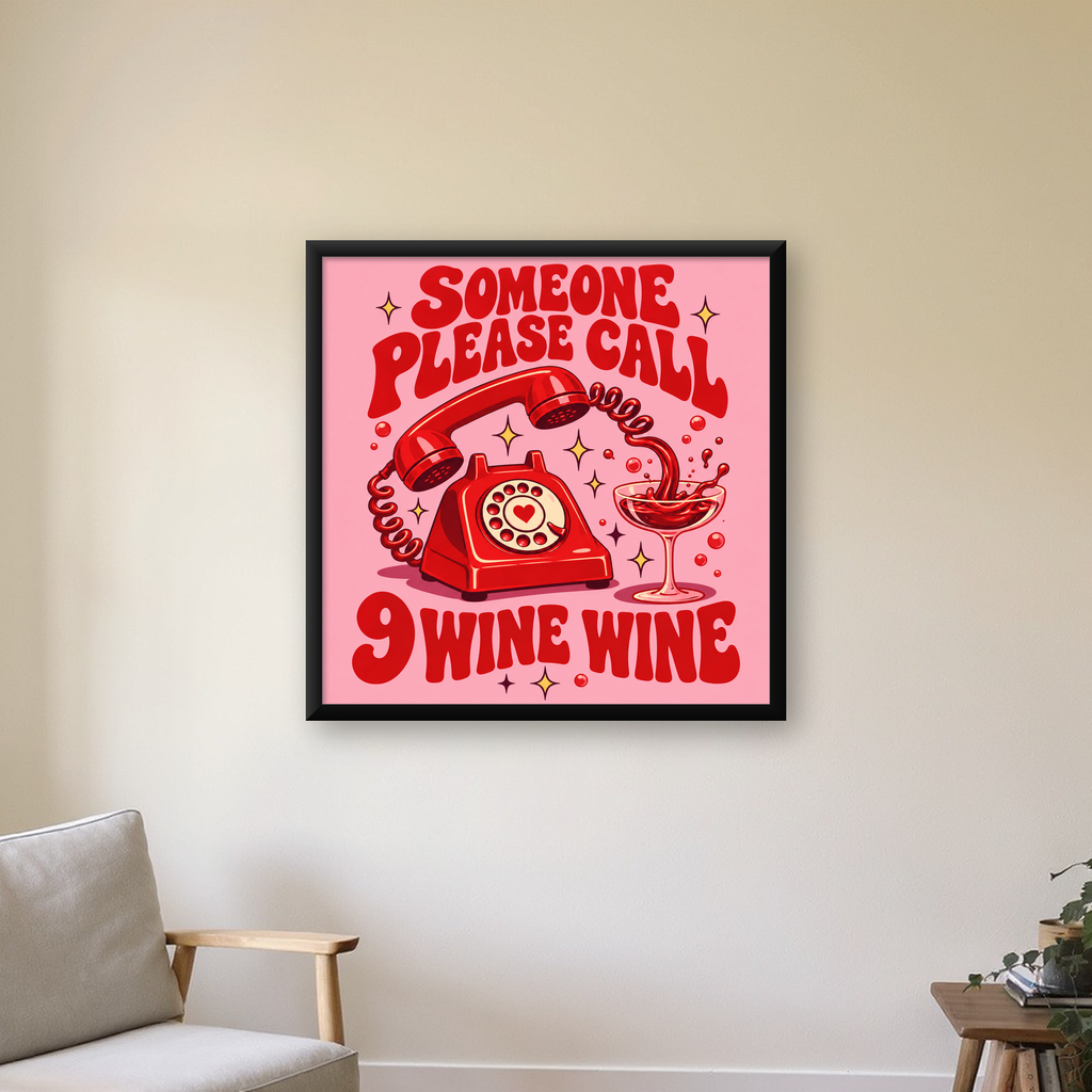 Retro Telefon ve Şarap Kadehi Poster – Eğlenceli Çizgi Roman Tasarım — Kare baskı, çerçeveli hâliyle bir ev duvarında
