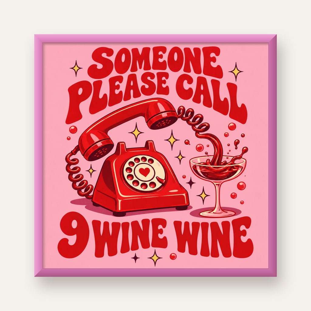 Retro Telefon ve Şarap Kadehi Poster – Eğlenceli Çizgi Roman Tasarım — pembe çerçeveli