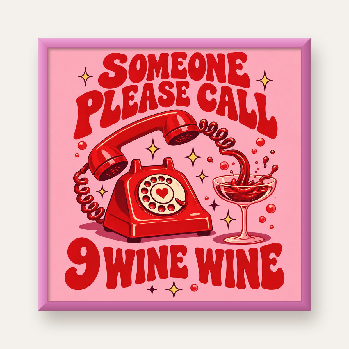 Retro Telefon ve Şarap Kadehi Poster – Eğlenceli Çizgi Roman Tasarım — pembe çerçeveli