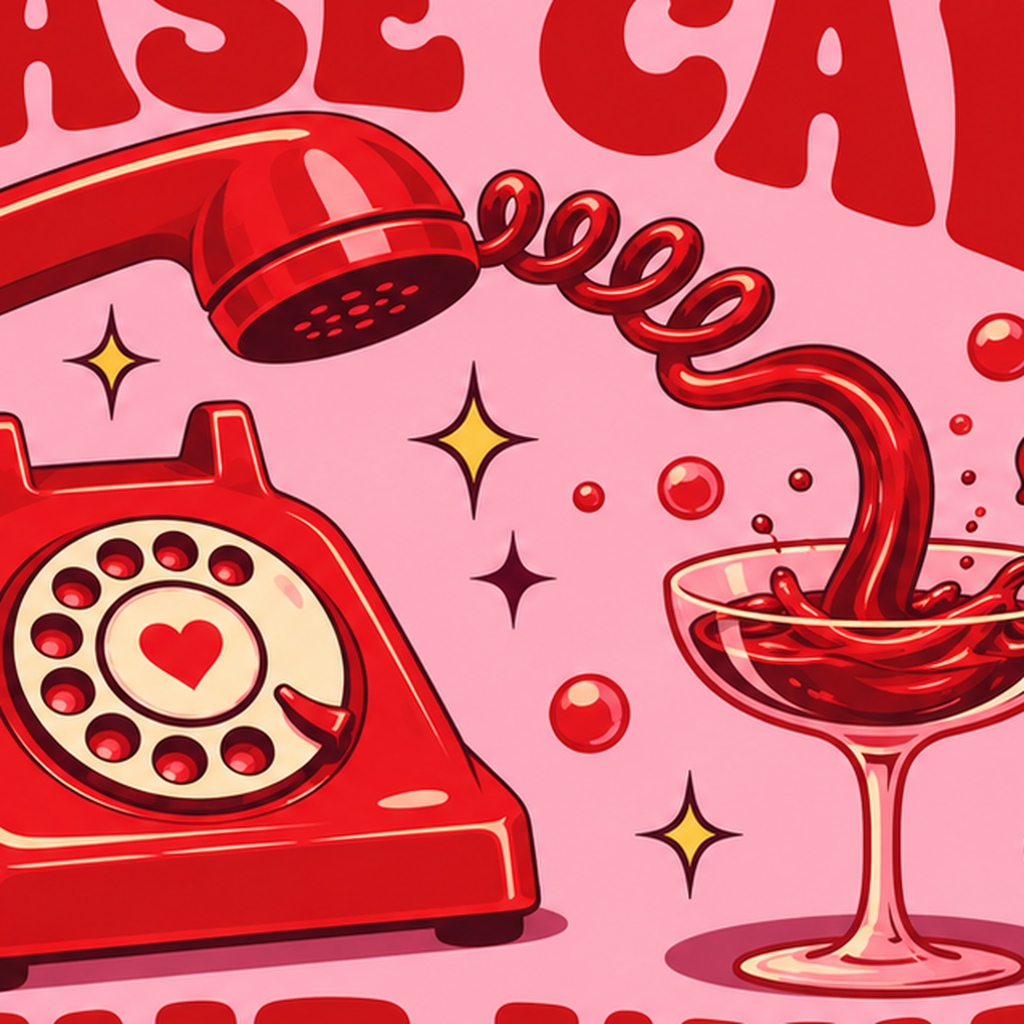 Retro Telefon ve Şarap Kadehi Poster – Eğlenceli Çizgi Roman Tasarım — baskının yakın çekimi, kâğıt dokusu ve renk detayı