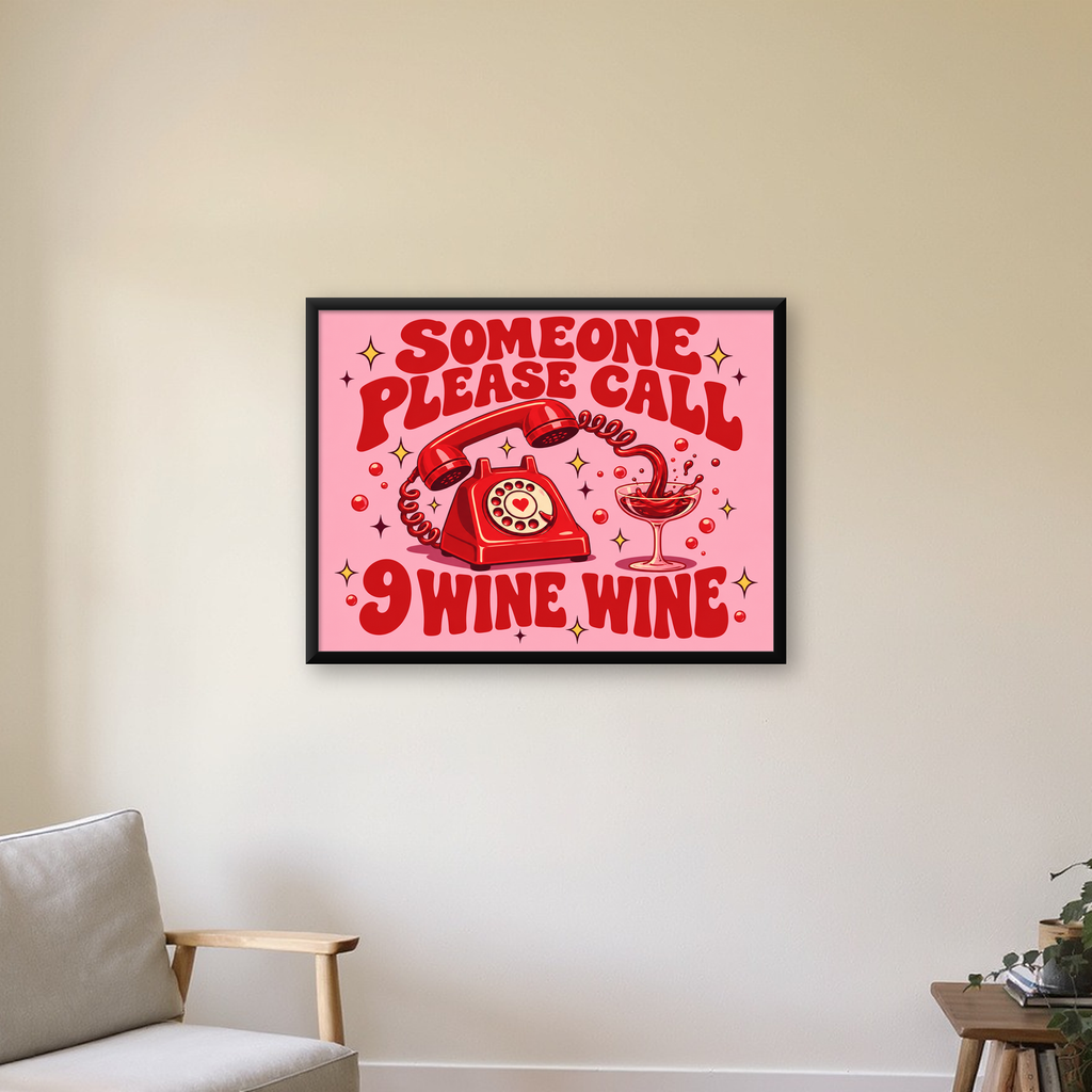 Retro Telefon ve Şarap Kadehi Poster – Eğlenceli Çizgi Roman Tasarım — Yatay baskı, çerçeveli hâliyle bir ev duvarında