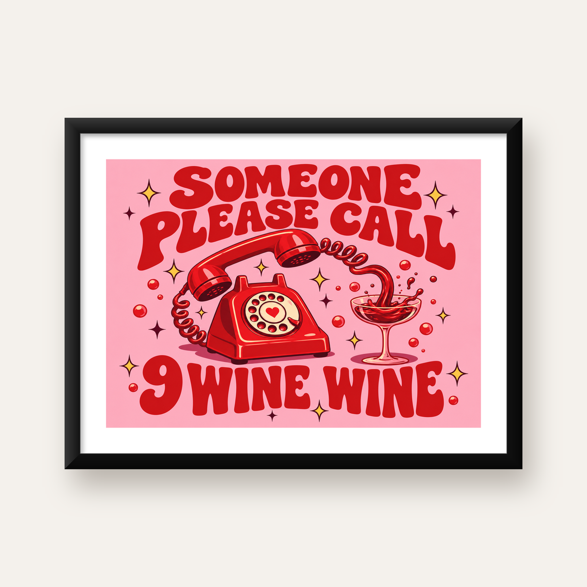 Retro Telefon ve Şarap Kadehi Poster – Eğlenceli Çizgi Roman Tasarım — Yatay baskı, beyaz paspartulu