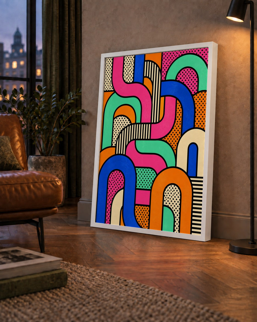 Renkli Geometrik Soyut Desen Pop Art Poster — çerçeveli hâliyle bir ev duvarında