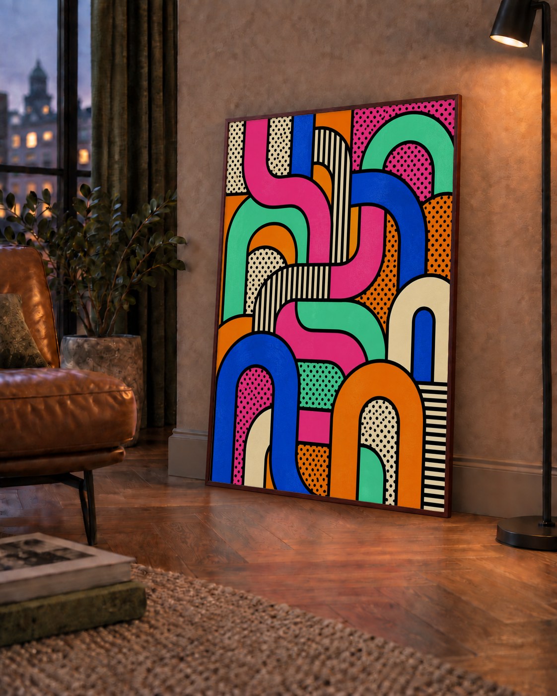 Renkli Geometrik Soyut Desen Pop Art Poster — çerçeveli hâliyle bir ev duvarında