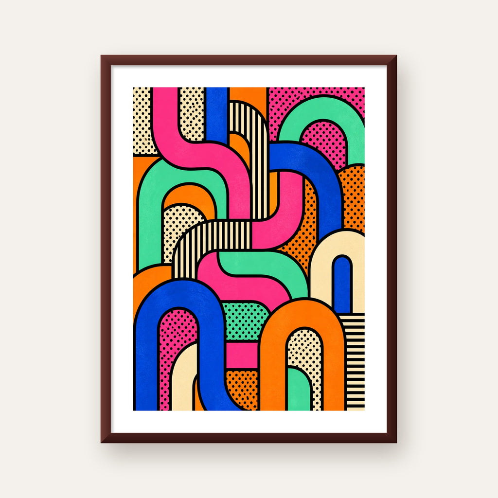 Renkli Geometrik Soyut Desen Pop Art Poster — ceviz çerçeveli paspartulu
