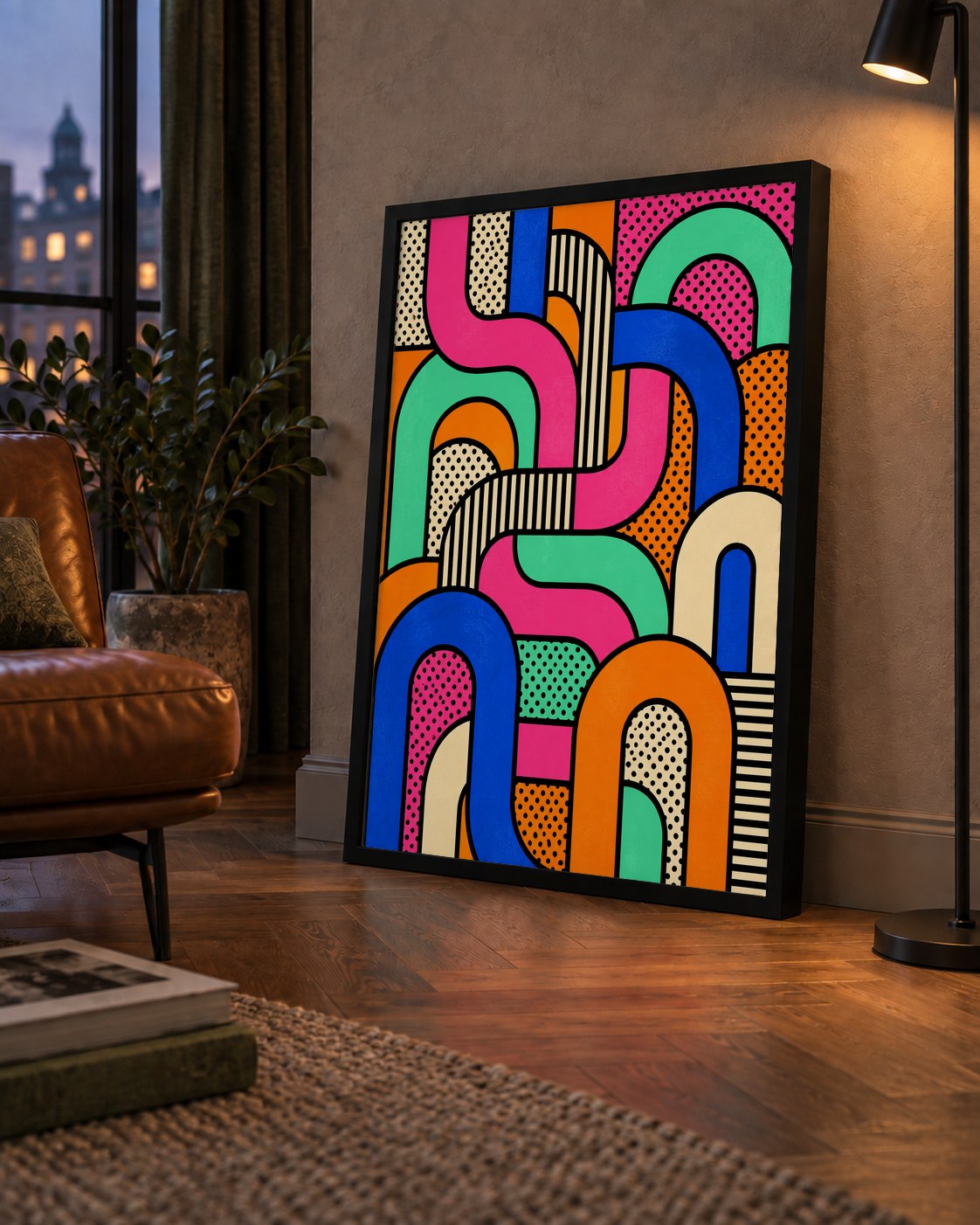 Renkli Geometrik Soyut Desen Pop Art Poster — çerçeveli hâliyle bir ev duvarında