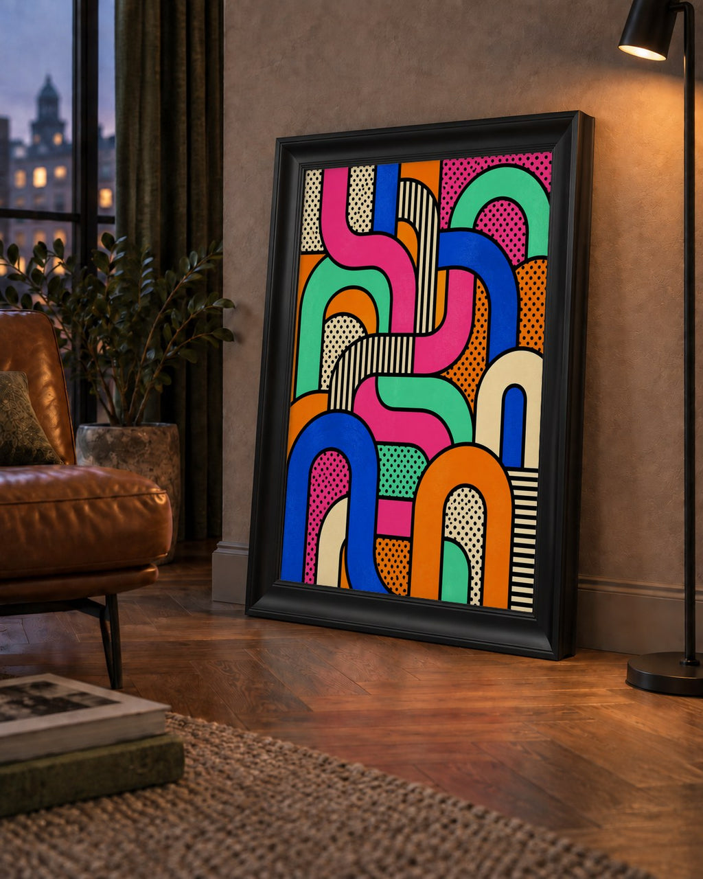 Renkli Geometrik Soyut Desen Pop Art Poster — çerçeveli hâliyle bir ev duvarında