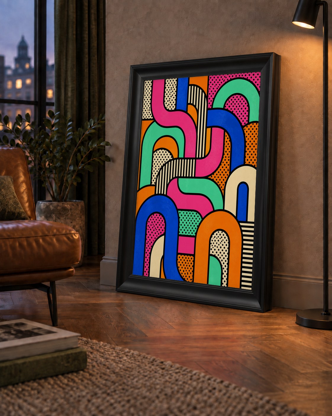 Renkli Geometrik Soyut Desen Pop Art Poster — çerçeveli hâliyle bir ev duvarında