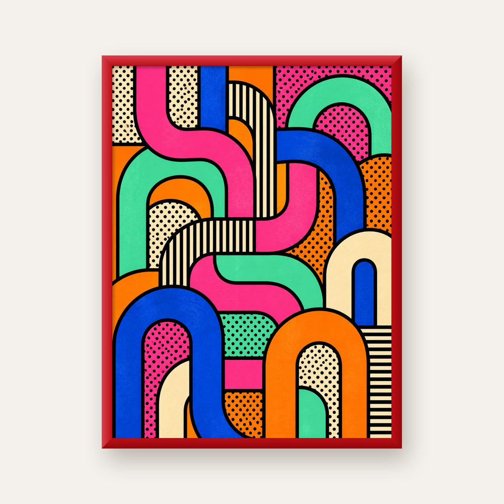 Renkli Geometrik Soyut Desen Pop Art Poster — kırmızı çerçeveli