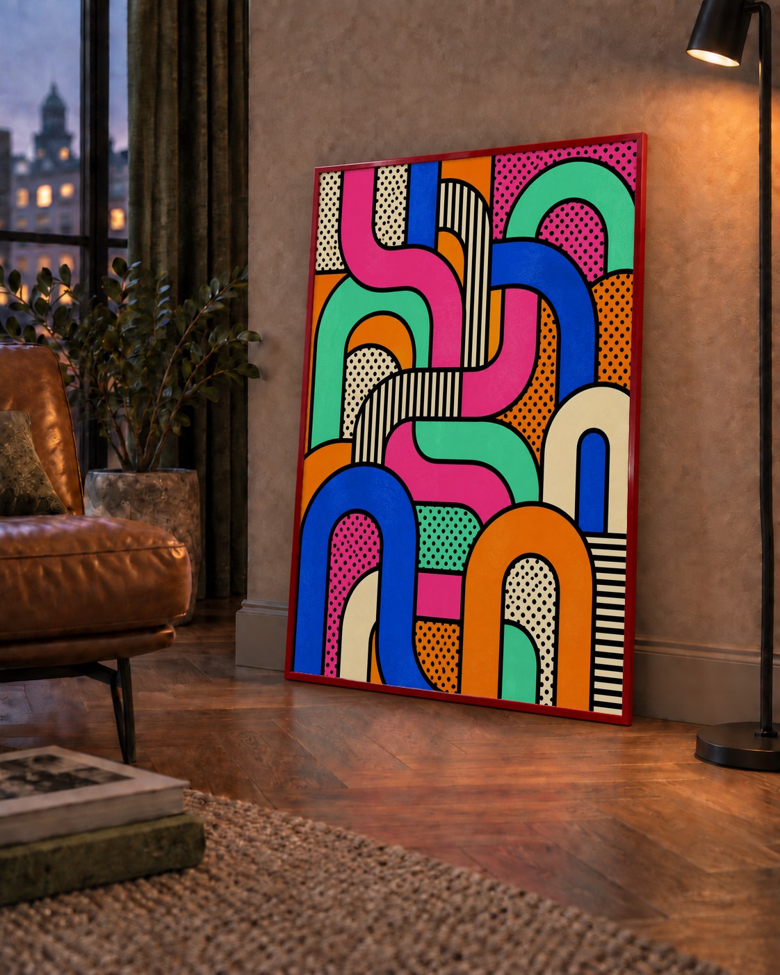 Renkli Geometrik Soyut Desen Pop Art Poster — çerçeveli hâliyle bir ev duvarında
