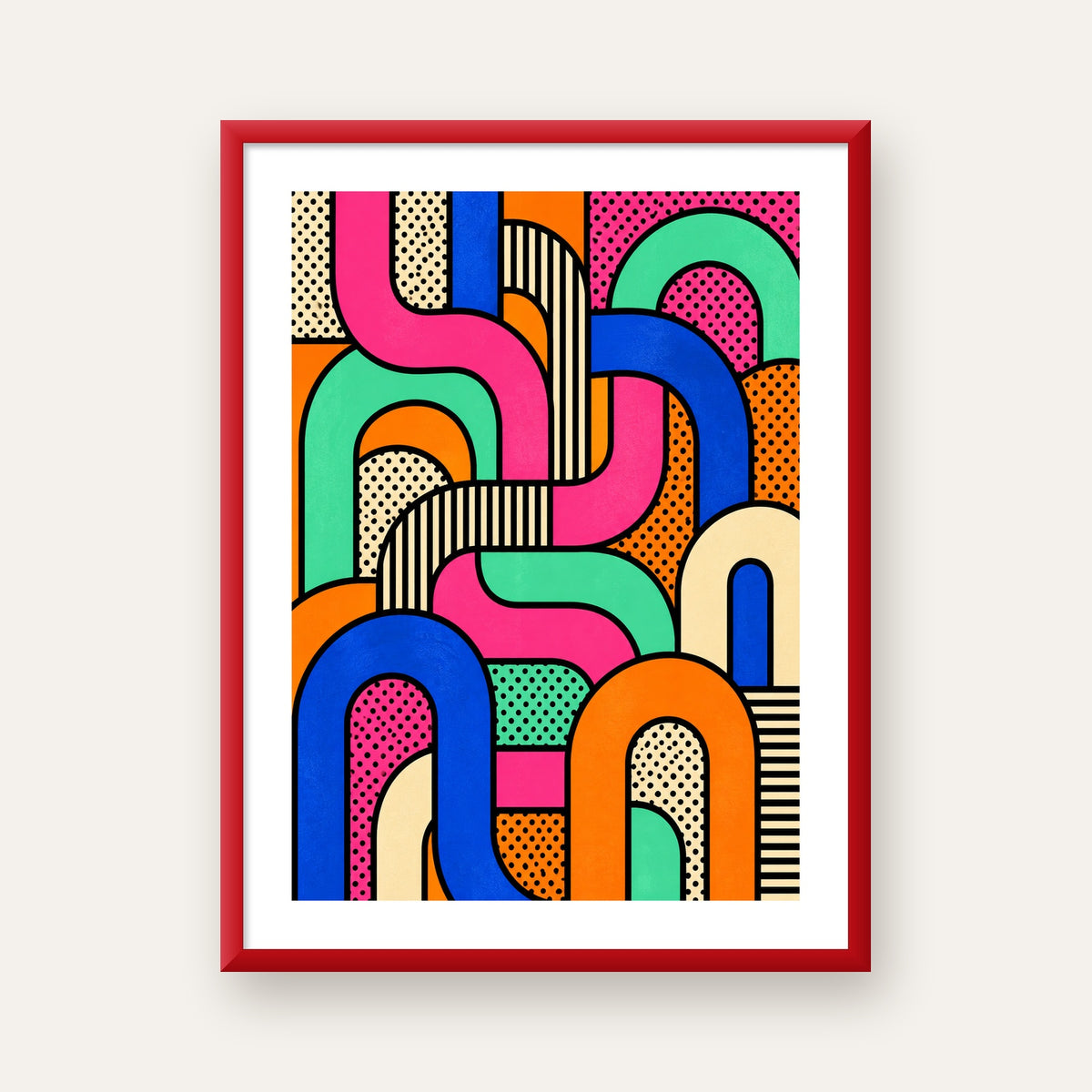 Renkli Geometrik Soyut Desen Pop Art Poster — kırmızı çerçeveli paspartulu