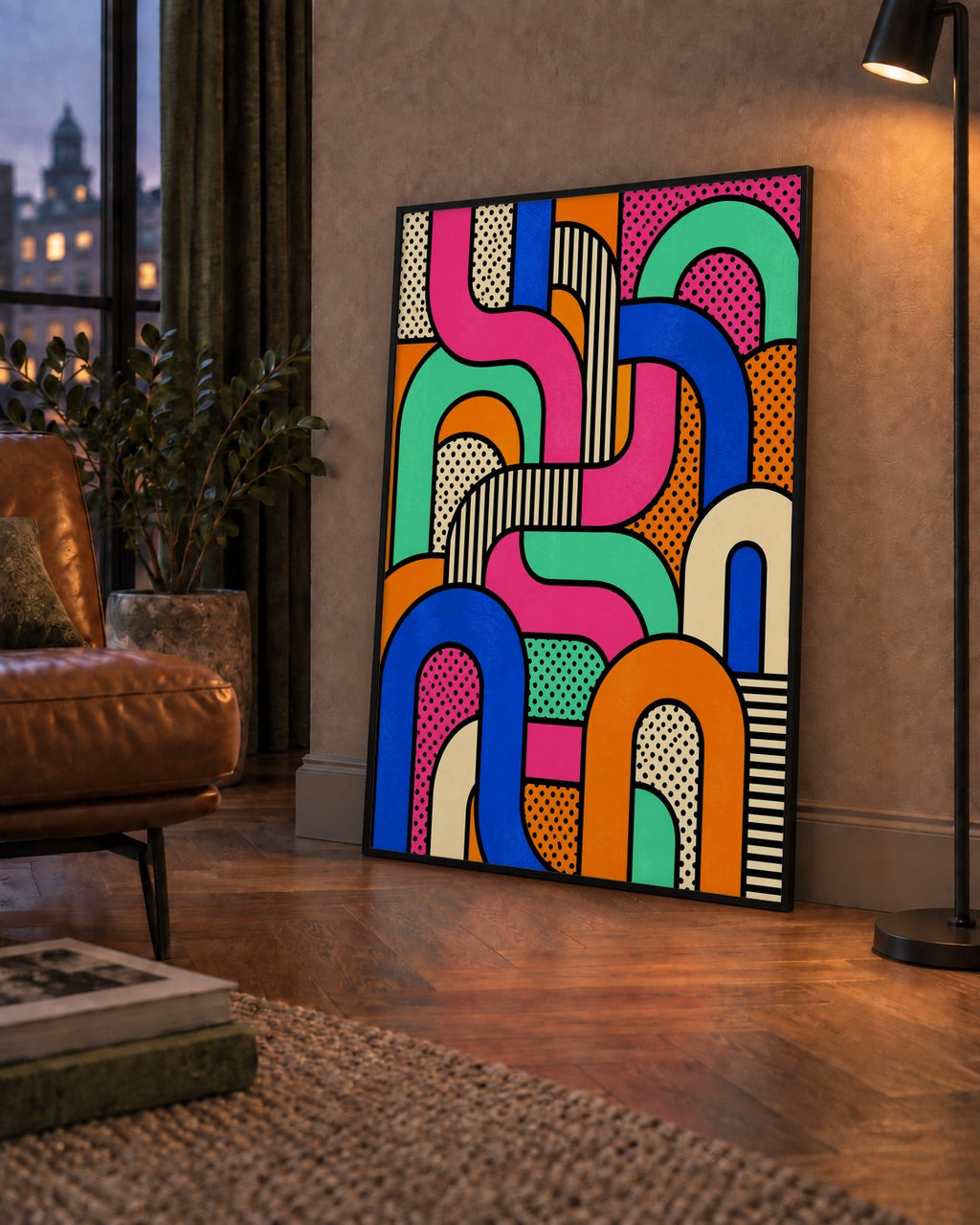 Renkli Geometrik Soyut Desen Pop Art Poster — çerçeveli hâliyle bir ev duvarında