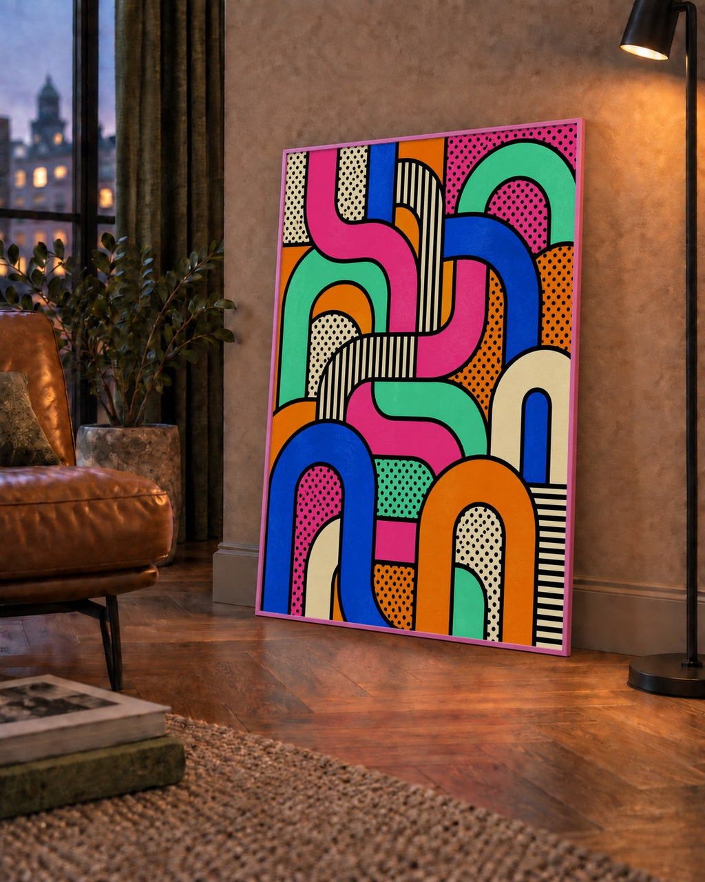 Renkli Geometrik Soyut Desen Pop Art Poster — çerçeveli hâliyle bir ev duvarında