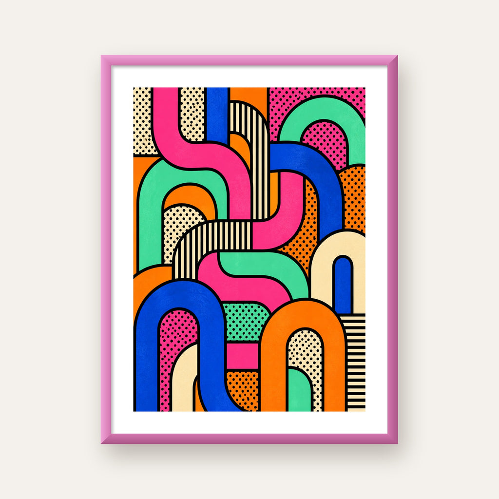 Renkli Geometrik Soyut Desen Pop Art Poster — pembe çerçeveli paspartulu