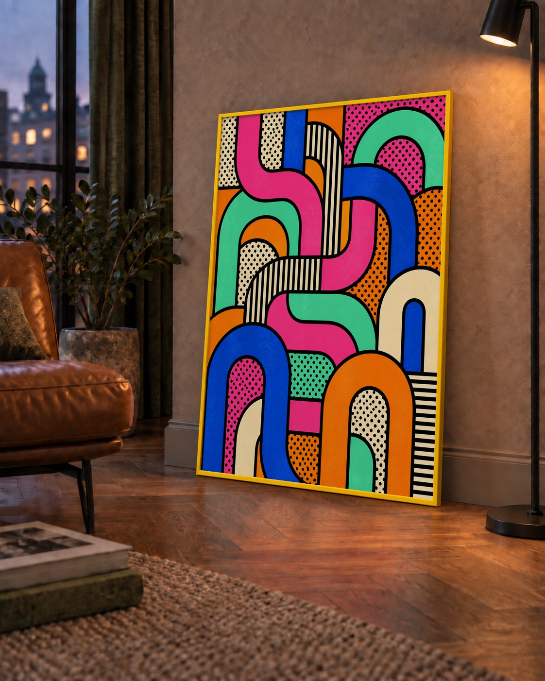 Renkli Geometrik Soyut Desen Pop Art Poster — çerçeveli hâliyle bir ev duvarında