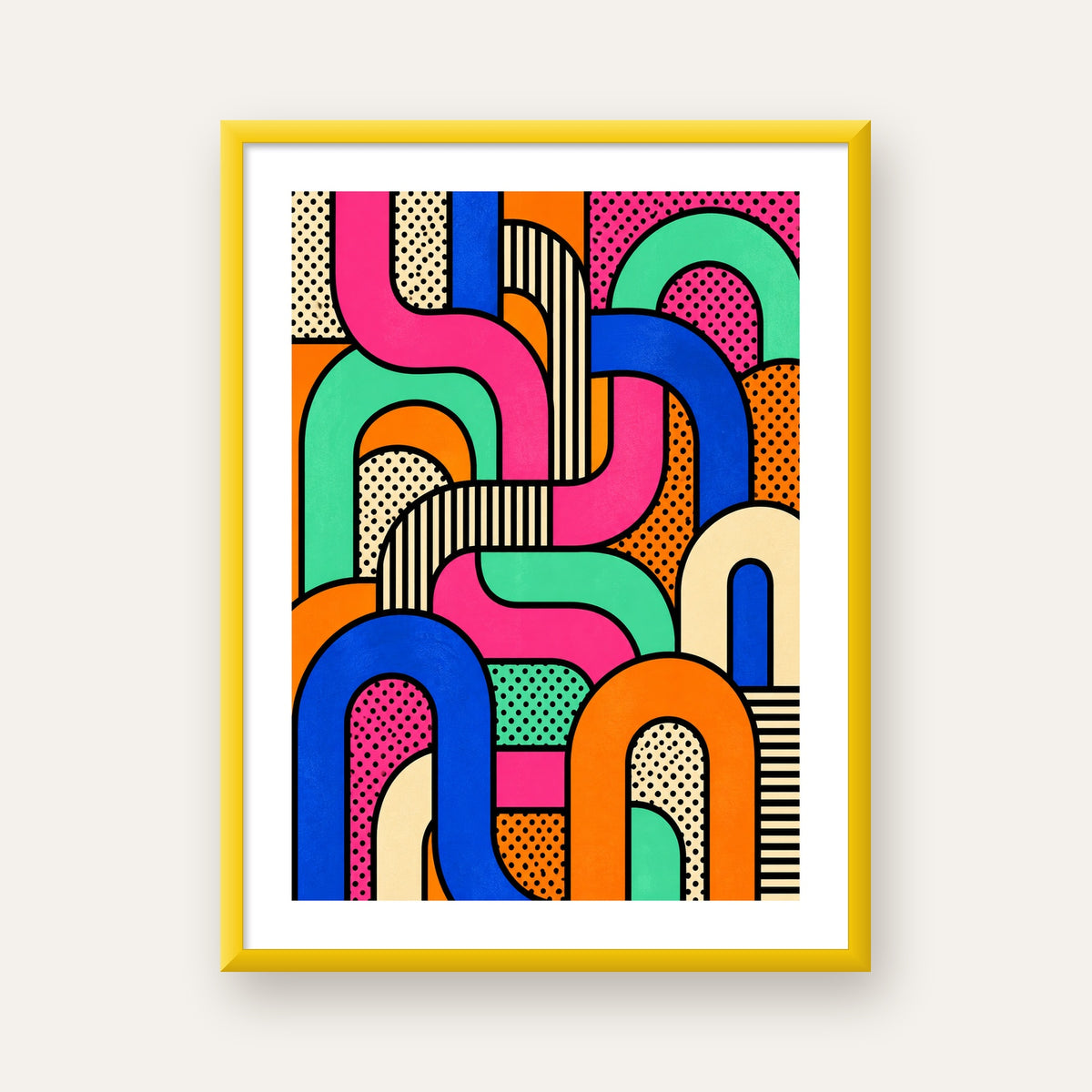 Renkli Geometrik Soyut Desen Pop Art Poster — sarı çerçeveli paspartulu