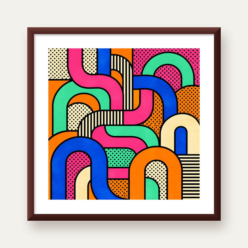 Renkli Geometrik Soyut Desen Pop Art Poster — ceviz çerçeveli paspartulu