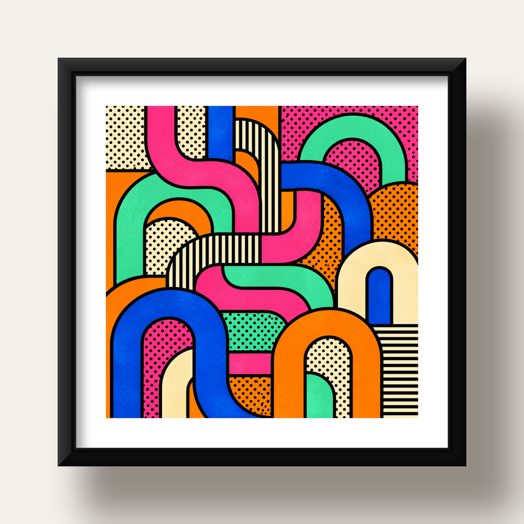 Renkli Geometrik Soyut Desen Pop Art Poster — siyah derin çerçeveli paspartulu