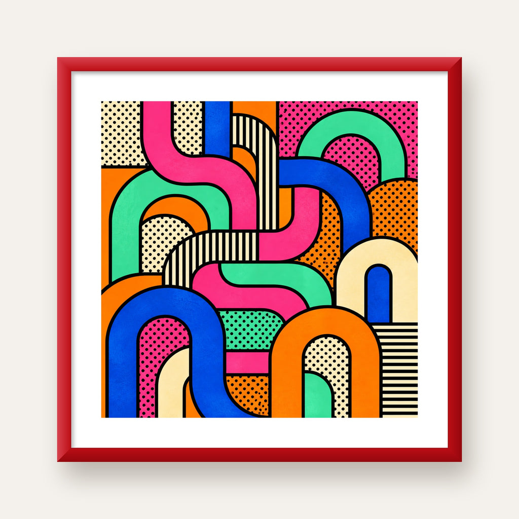 Renkli Geometrik Soyut Desen Pop Art Poster — kırmızı çerçeveli paspartulu