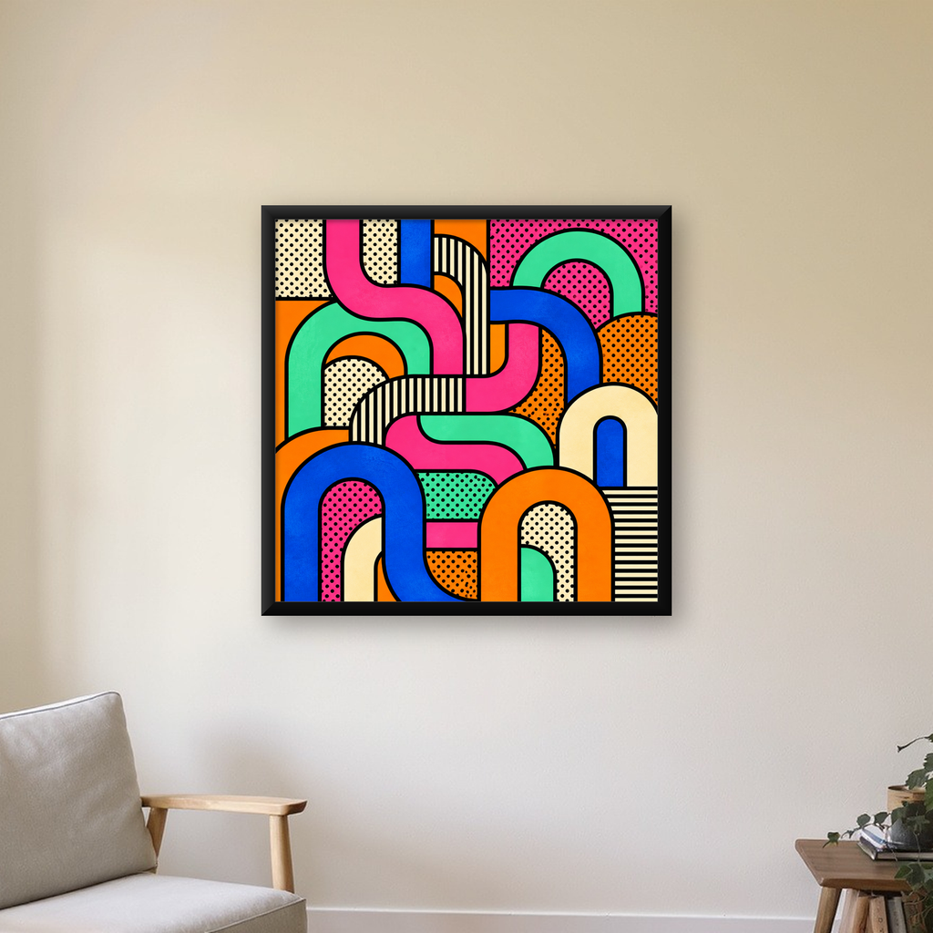 Renkli Geometrik Soyut Desen Pop Art Poster — Kare baskı, çerçeveli hâliyle bir ev duvarında