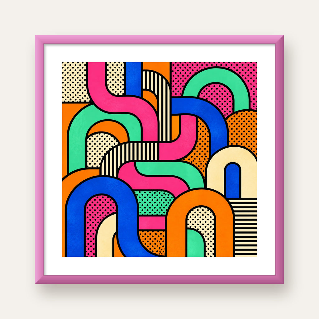 Renkli Geometrik Soyut Desen Pop Art Poster — pembe çerçeveli paspartulu