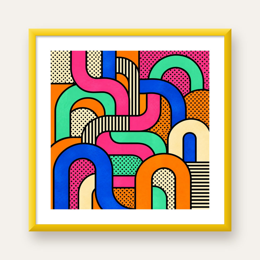 Renkli Geometrik Soyut Desen Pop Art Poster — sarı çerçeveli paspartulu