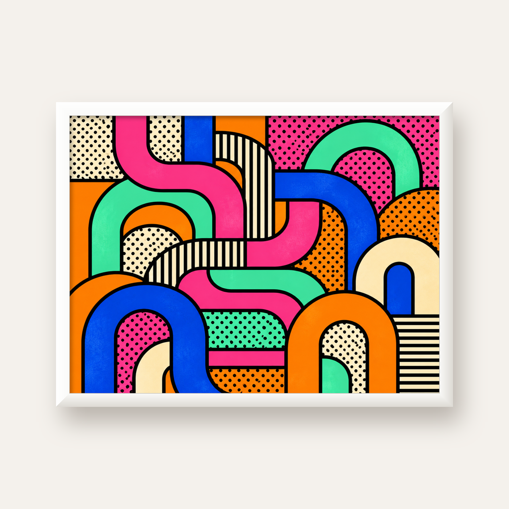 Renkli Geometrik Soyut Desen Pop Art Poster — beyaz çerçeveli yatay poster