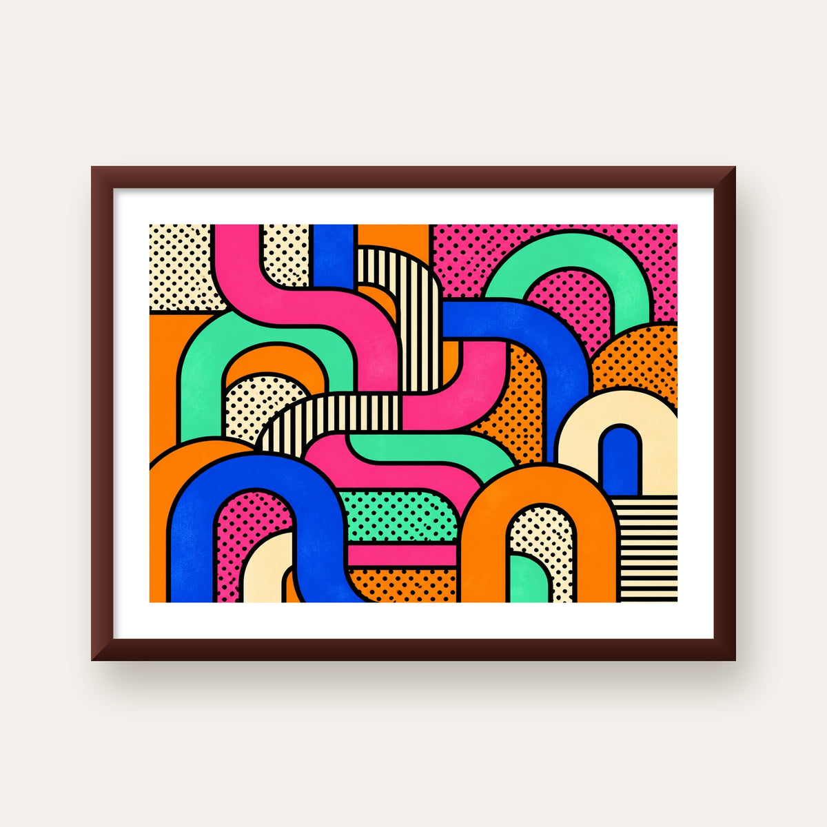 Renkli Geometrik Soyut Desen Pop Art Poster — ceviz çerçeveli paspartulu