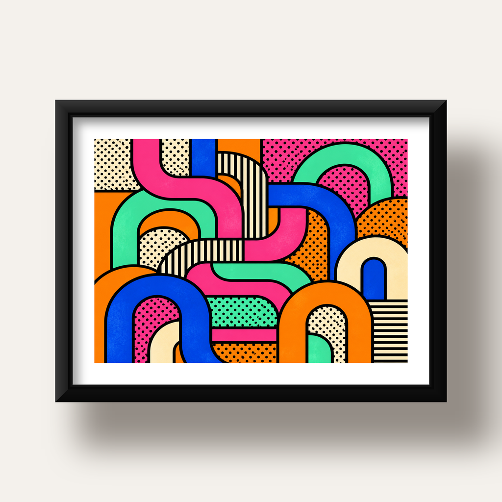 Renkli Geometrik Soyut Desen Pop Art Poster — siyah derin çerçeveli paspartulu