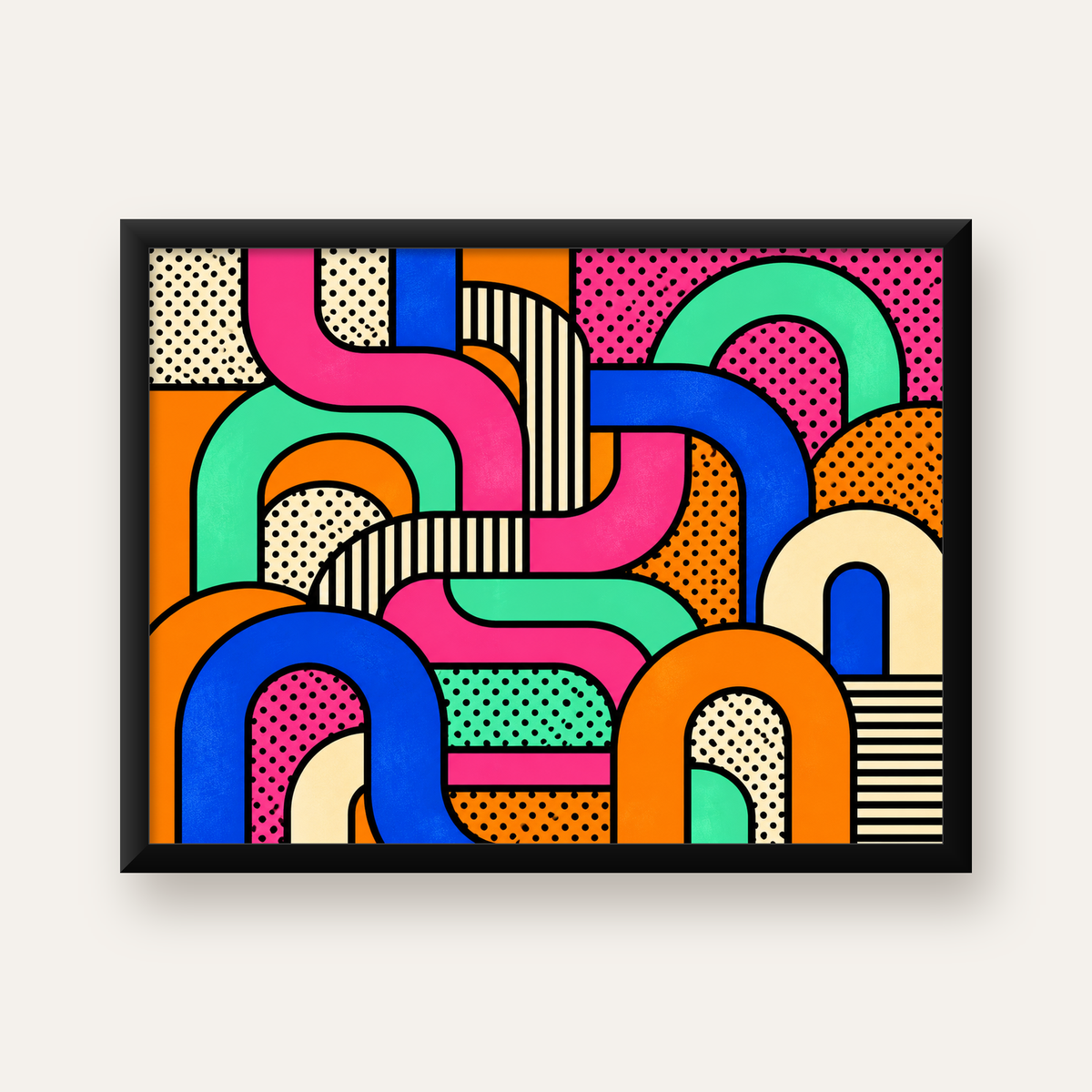 Renkli Geometrik Soyut Desen Pop Art Poster — Yatay baskı, düz siyah çerçeveli duvar posteri