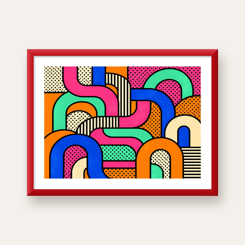Renkli Geometrik Soyut Desen Pop Art Poster — kırmızı çerçeveli paspartulu