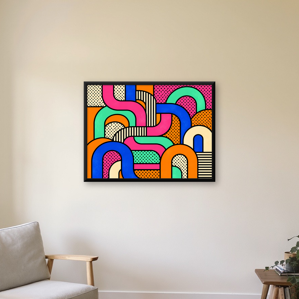 Renkli Geometrik Soyut Desen Pop Art Poster — Yatay baskı, çerçeveli hâliyle bir ev duvarında