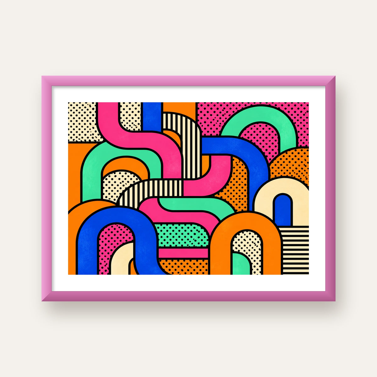 Renkli Geometrik Soyut Desen Pop Art Poster — pembe çerçeveli paspartulu