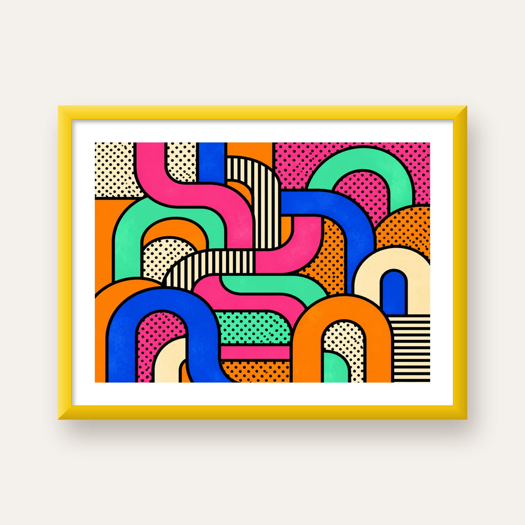 Renkli Geometrik Soyut Desen Pop Art Poster — sarı çerçeveli paspartulu