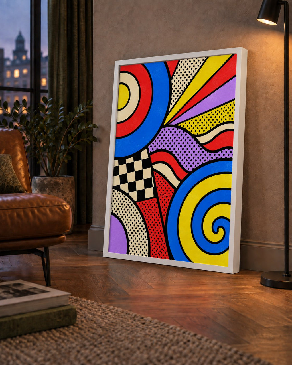 Pop Art Geometrik Desen Poster – Canlı Renkli Modern Duvar Sanatı — çerçeveli hâliyle bir ev duvarında