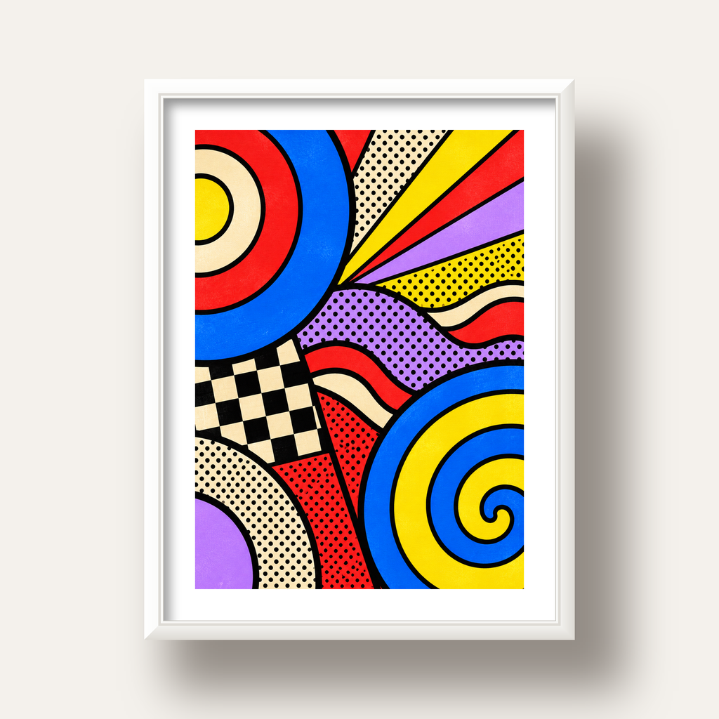 Pop Art Geometrik Desen Poster – Canlı Renkli Modern Duvar Sanatı — beyaz derin çerçeveli paspartulu