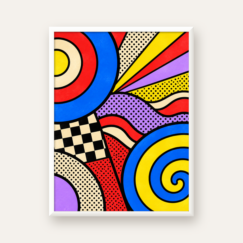 Pop Art Geometrik Desen Poster – Canlı Renkli Modern Duvar Sanatı — beyaz çerçeveli dikey poster