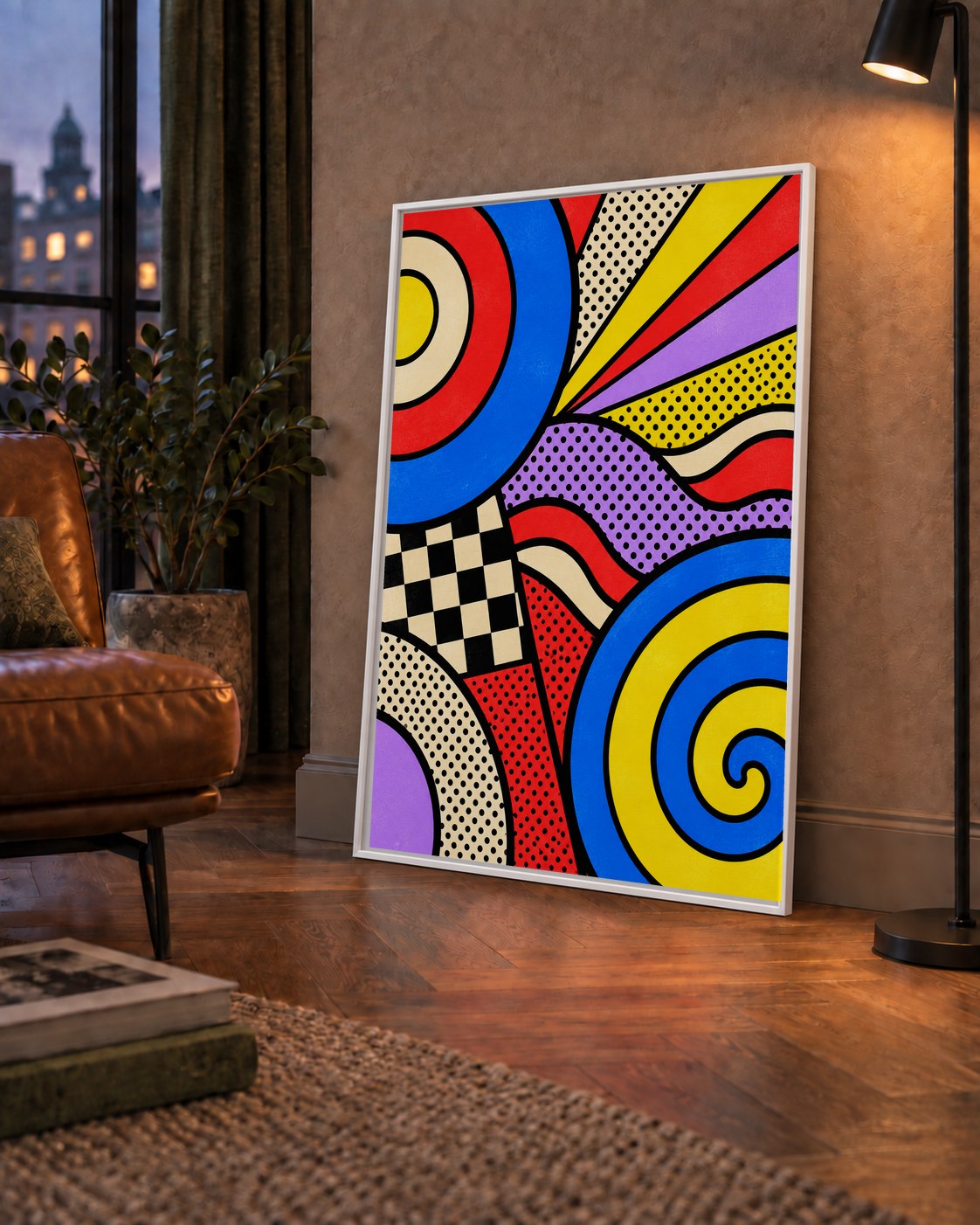 Pop Art Geometrik Desen Poster – Canlı Renkli Modern Duvar Sanatı — çerçeveli hâliyle bir ev duvarında