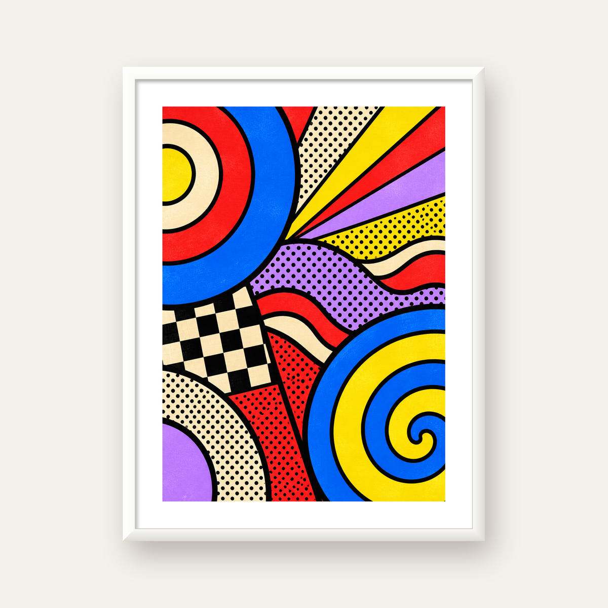 Pop Art Geometrik Desen Poster – Canlı Renkli Modern Duvar Sanatı — beyaz çerçeveli dikey poster