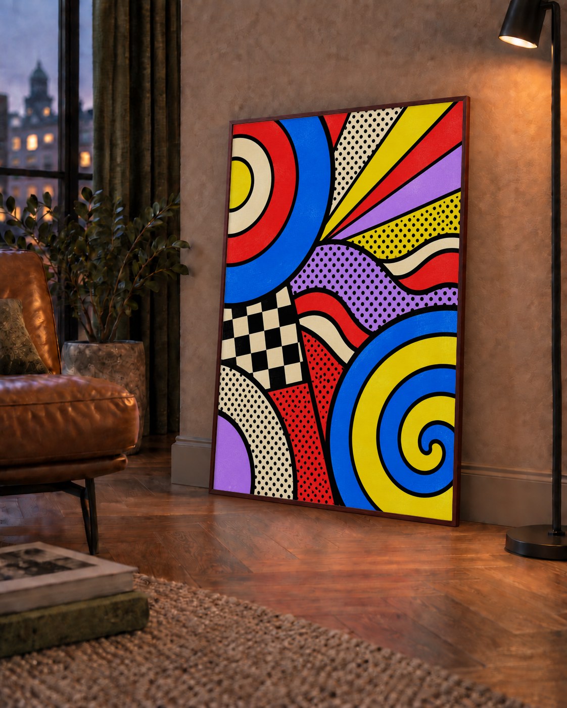 Pop Art Geometrik Desen Poster – Canlı Renkli Modern Duvar Sanatı — çerçeveli hâliyle bir ev duvarında