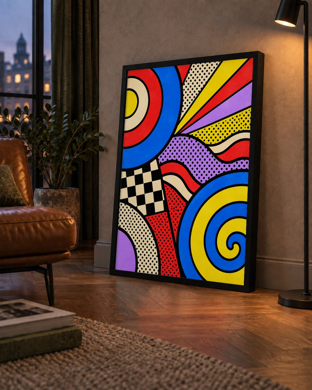 Pop Art Geometrik Desen Poster – Canlı Renkli Modern Duvar Sanatı — çerçeveli hâliyle bir ev duvarında