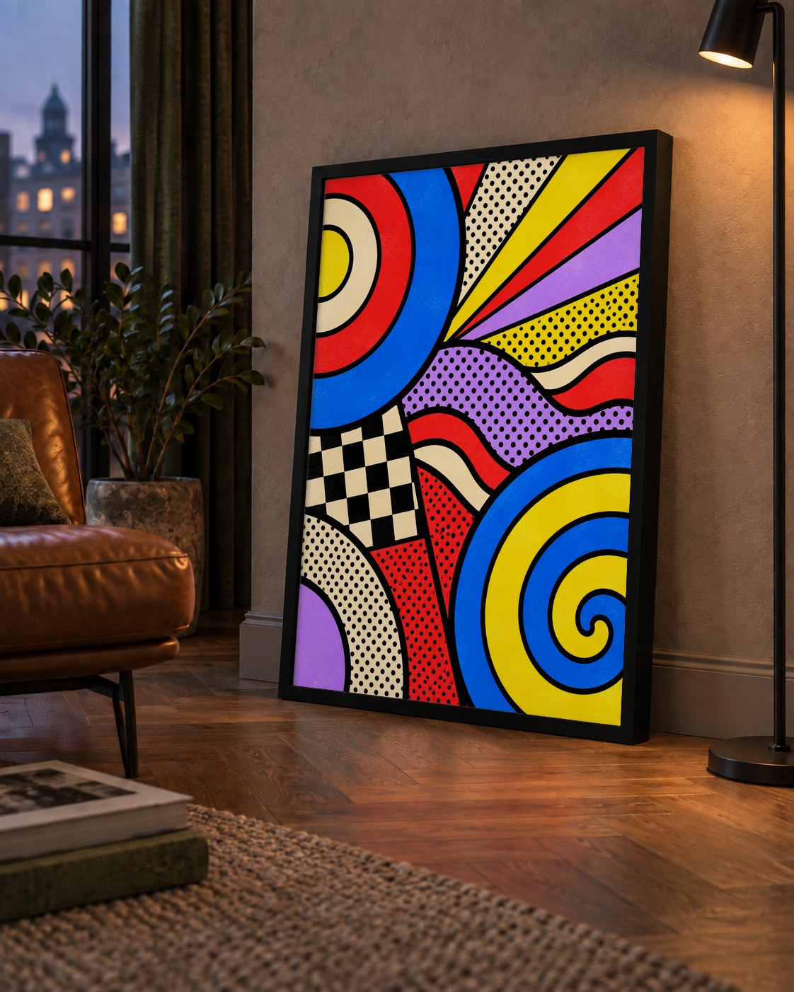 Pop Art Geometrik Desen Poster – Canlı Renkli Modern Duvar Sanatı — çerçeveli hâliyle bir ev duvarında