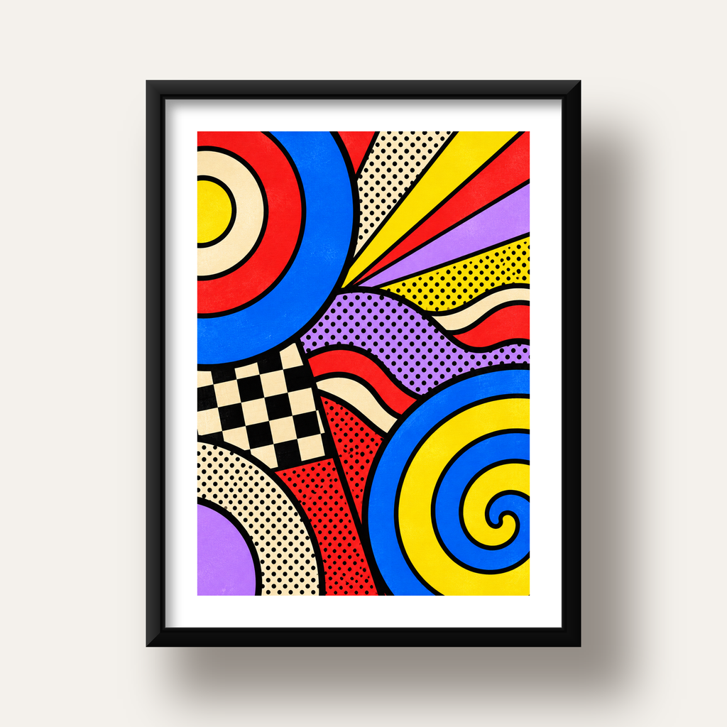 Pop Art Geometrik Desen Poster – Canlı Renkli Modern Duvar Sanatı — siyah derin çerçeveli paspartulu