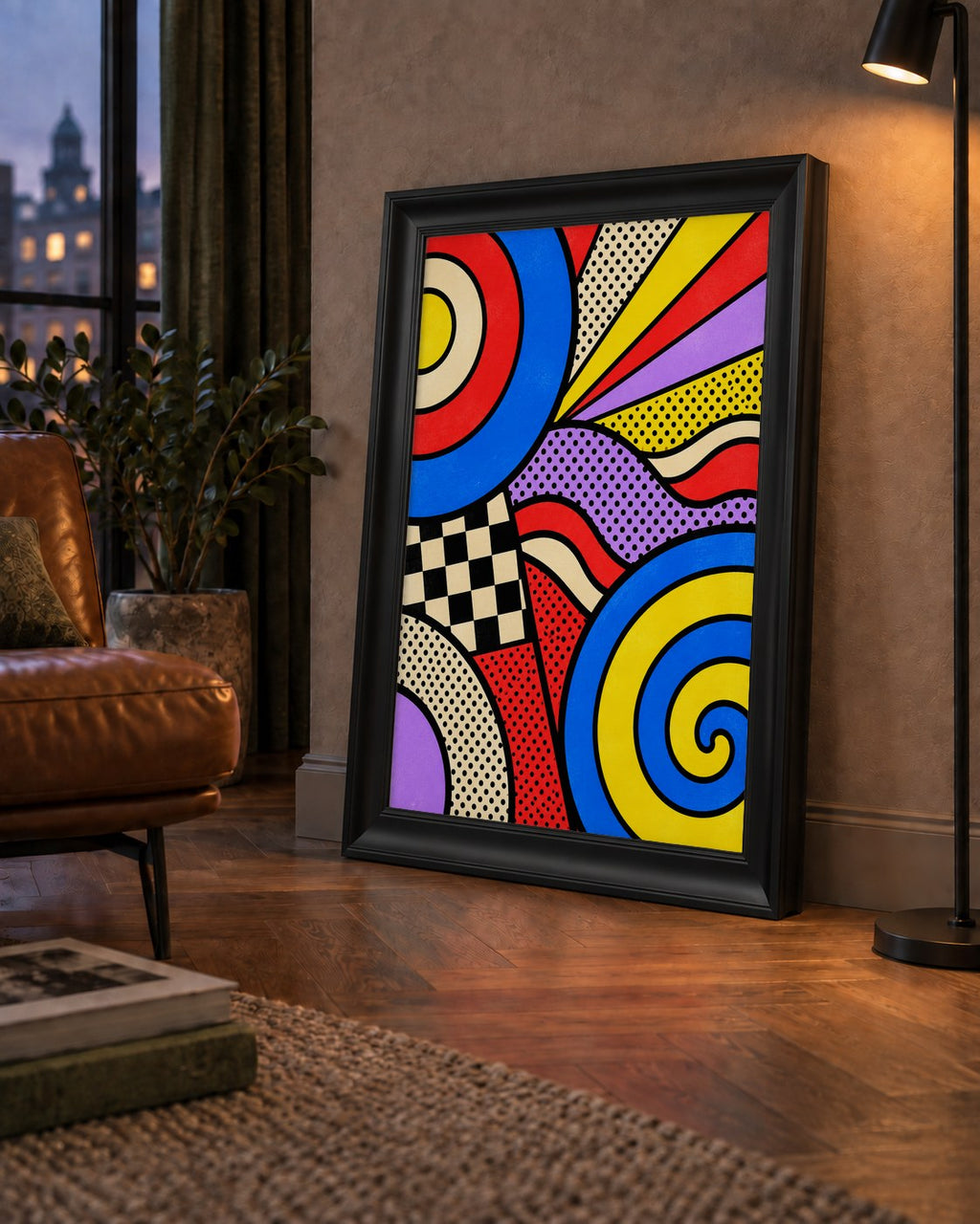 Pop Art Geometrik Desen Poster – Canlı Renkli Modern Duvar Sanatı — çerçeveli hâliyle bir ev duvarında
