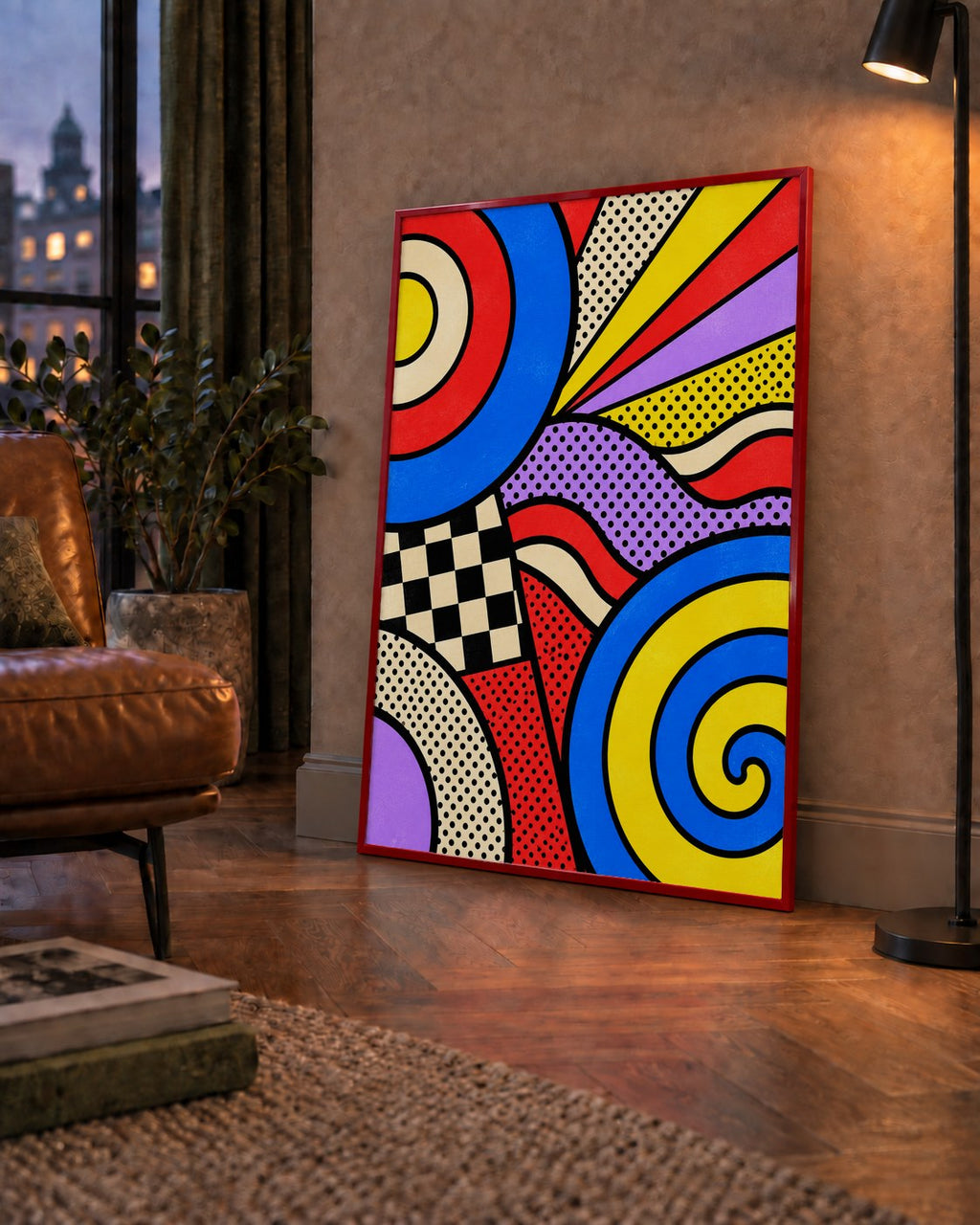 Pop Art Geometrik Desen Poster – Canlı Renkli Modern Duvar Sanatı — çerçeveli hâliyle bir ev duvarında