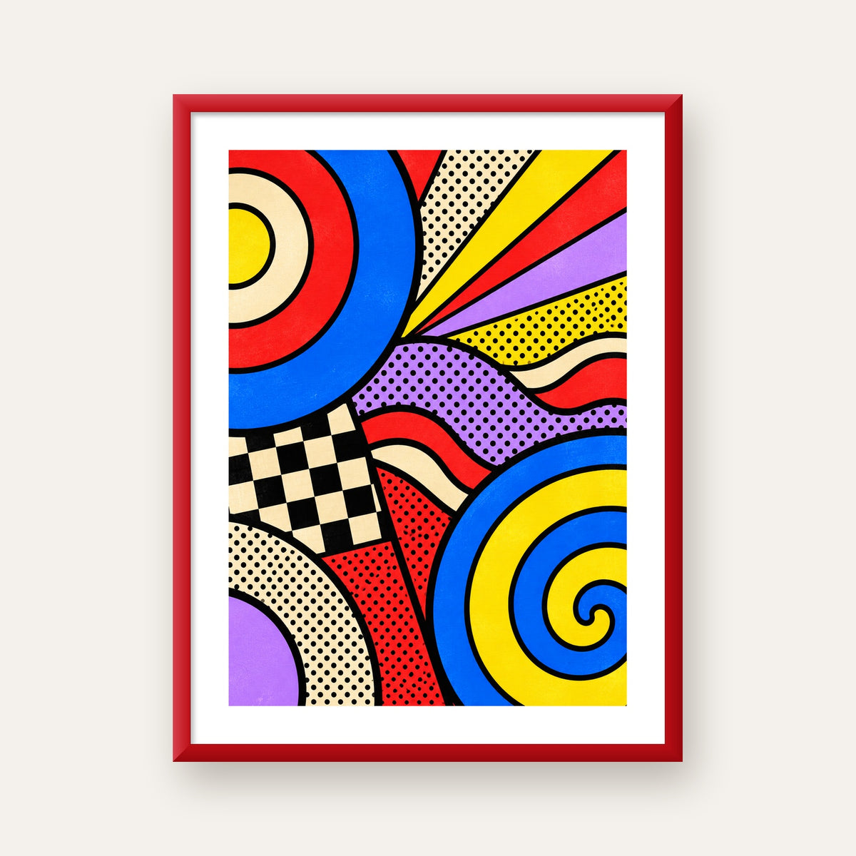 Pop Art Geometrik Desen Poster – Canlı Renkli Modern Duvar Sanatı — kırmızı çerçeveli paspartulu
