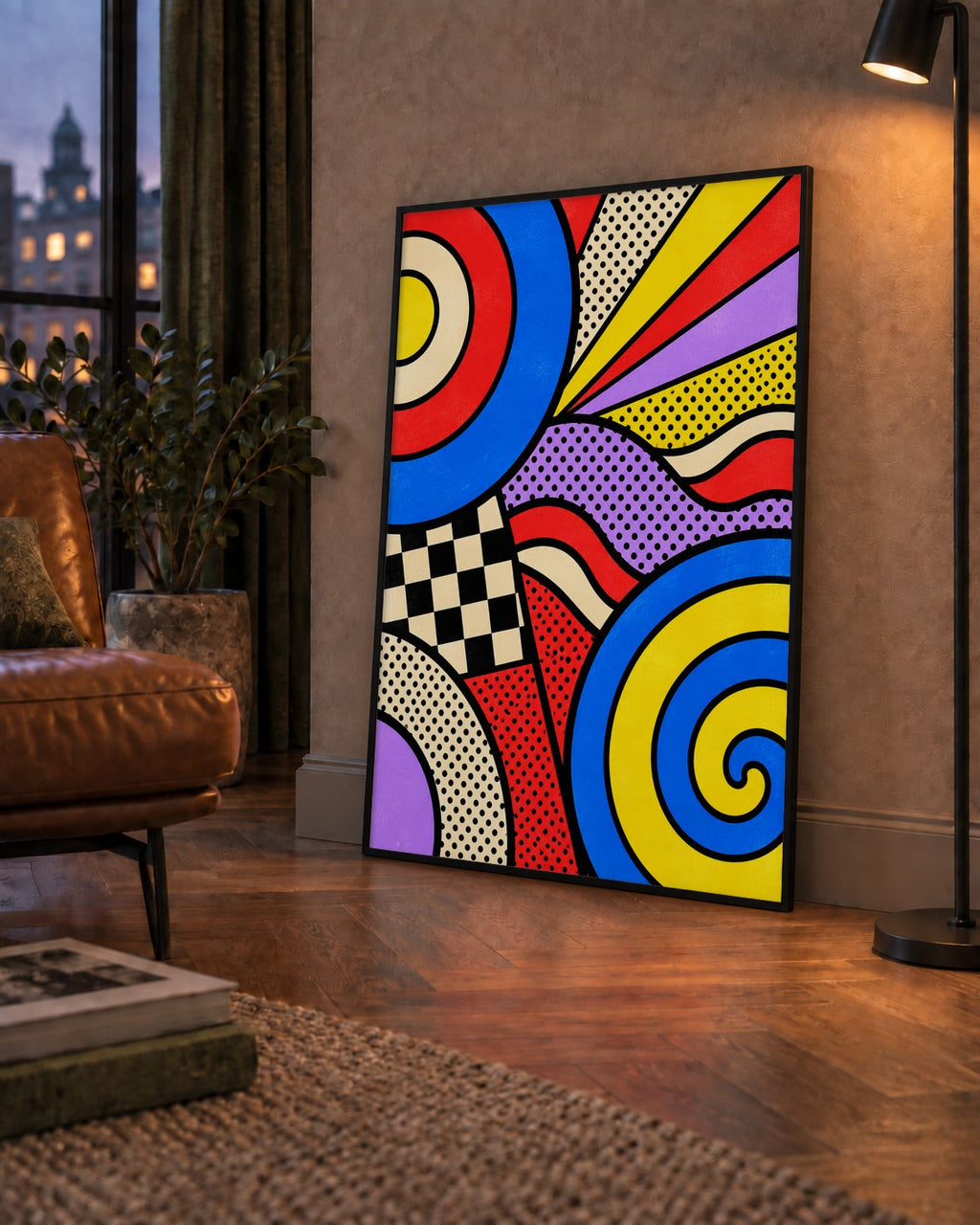 Pop Art Geometrik Desen Poster – Canlı Renkli Modern Duvar Sanatı — çerçeveli hâliyle bir ev duvarında